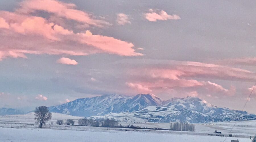 Pink sunset over snow covered mountains